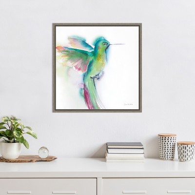 Colorful Hummingbird Watercolor Canvas Print in Gray Frame, 22 x 22 inches