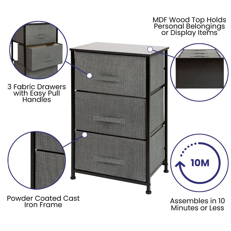 Flash Furniture 3 Drawer Wood Top Cast Iron Frame Vertical Storage Dresser with Easy Pull Fabric Drawers, 4 of 12