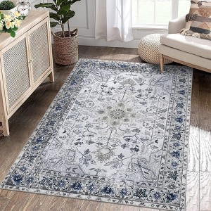 9x12 Washable Area Rug, Vintage Distressed Floral Design, Non-Slip Low-Pile Carpet for Living Room, Bedroom, Nursery, Kitchen, Grey - 1 of 4