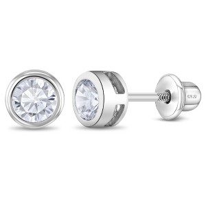 Baby Girls' Round Bezel CZ Screw Back Sterling Silver Earrings - Clear - In Season Jewelry - 1 of 4