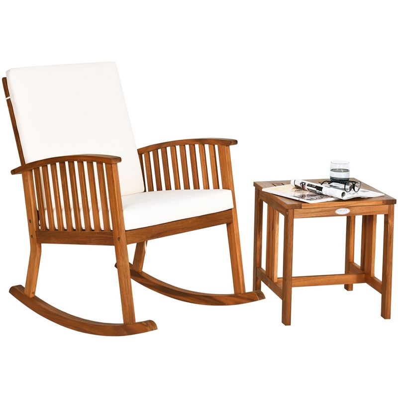Tangkula 2PCS Patio Wooden Rocking Chair Set Garden Outdoor w/ Coffee Table Cushion, 4 of 10