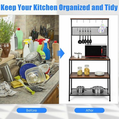 Industrial Black and Brown 4-Tier Kitchen Baker's Rack with Hooks