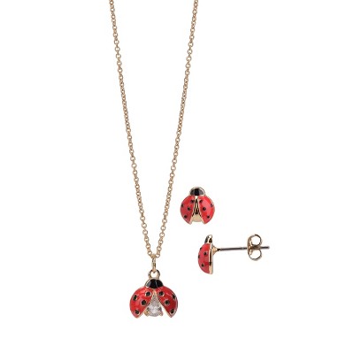 FAO Schwarz Gold Tone and Red Enamel Ladybug Necklace and Earring Set