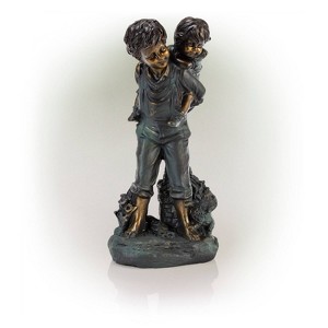 16" Boy Giving Piggyback Ride Magnesium Oxide Statue Gray - Alpine Corporation: Outdoor Children Sculpture - 1 of 4