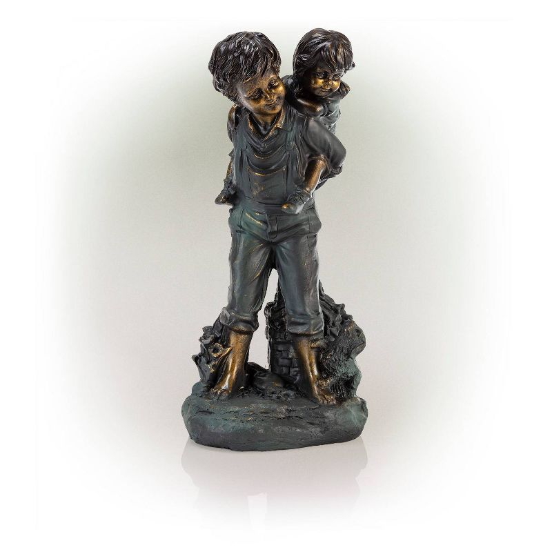 16&#34; Boy Giving Piggyback Ride Magnesium Oxide Statue Gray - Alpine Corporation, 1 of 8