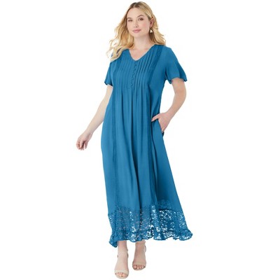 Roaman's Women's Plus Size Lace-Panelled Crinkle Boho Dress