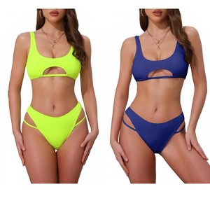 INSPIRE CHIC Women's Ribbed Scoop Neck Top Triangle Bottom Swimwear Bikini Suits 2 Sets - 1 of 4