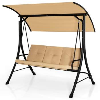 Costway 3-Seat Outdoor Porch Swing Adjustable Canopy Padded Cushions Steel Frame Beige/Black/Brown