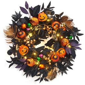 20" Halloween Wreath for Front Door, Black Pumpkin Wreath, Halloween Decorations for Indoor Wall Window Decor, Gold Pumpkin - 1 of 4