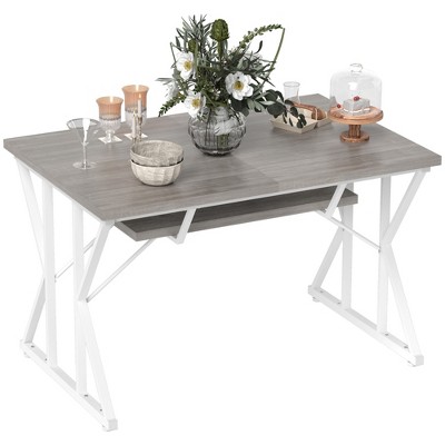 HOMCOM 63"-47" Expandable Dining Table for 4-6 People, Farmhouse Extendable Dining Room Table with Trestle Base, Kitchen Table