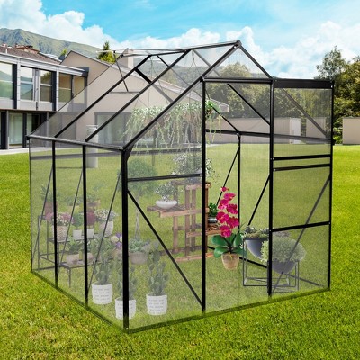 Walk In Greenhouse, Greenhouses With Sliding Door, Adjustable Roof, Drainage System & Galvanized Base, Metal Frame Greenhouse For Backyard
