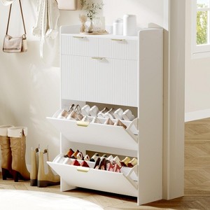 Fluted Shoe Storage Cabinet, Narrow Shoe Organizer with 3 Flip Drawers, Modern Shoe Cabinet - 1 of 4