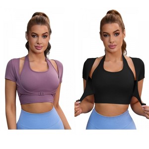 INSPIRE CHIC 2 Pcs Women's Halter Neck Short Sleeve Workout Crop Front Closure Slim Fit Fitness T Shirts - 1 of 4