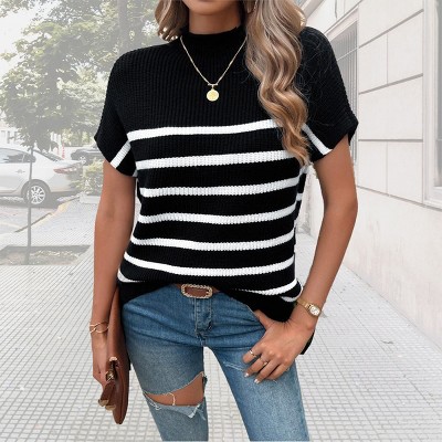 Womens Cap Sleeve Pullover Sweater Summer Casual Tops Stripped Crew Neck Lightweight Sweater Vest Ribbed Knit Pullover Tops
