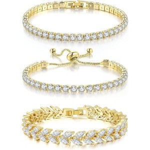 3 Pcs Tennis Bracelet Set 14K Gold Plated Marquise Cubic Zirconia CZ Diamond Dainty Adjustable Silver Bracelets for - 1 of 4