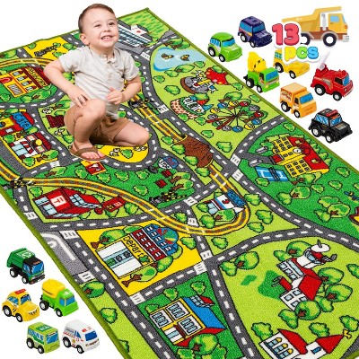 Joyfy Kids Car Play Rug for Playroom, Community - Themed Pretend Play Mat with 12 Pull-Back Vehicle Set, Indoor Fun And Birthday Gift for Kids 1 2 3 +