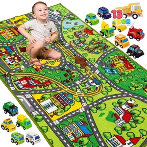 Joyfy Kids Car Play Rug for Playroom, Community - Themed Pretend Play Mat with 12 Pull-Back Vehicle Set, Indoor Fun And Birthday Gift for Kids 1 2 3 + - 1 of 4