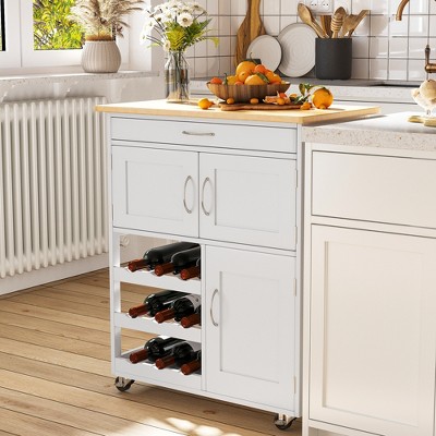 White Wood Rolling Kitchen Cart with Butcher Block Top and Wine Rack