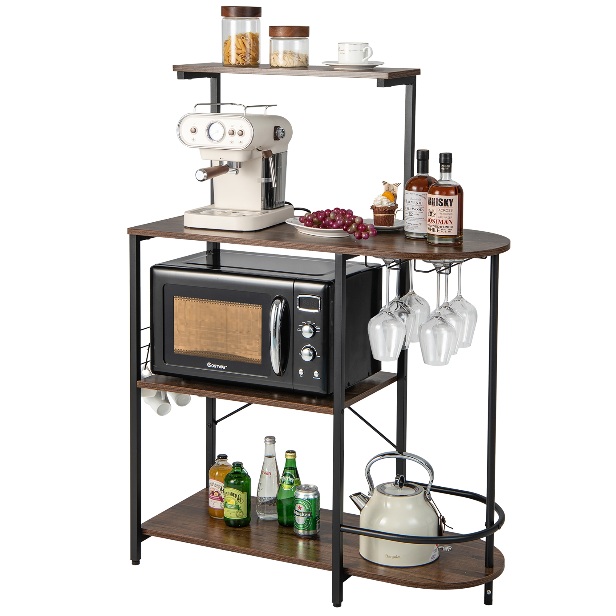 Costway KitchenBakersRackMicrowaveStandCoffee Bar w/ S-Hooks & Stemware Holder