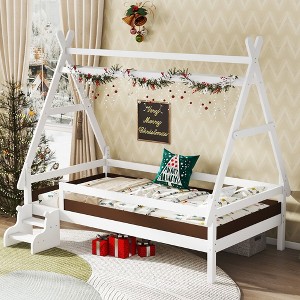 Okak Twin/Full House-Shaped Floor Canopy Beds with Stairs & Fence,Solid Wood Bed Frame for Kids,Teens,No Spring Box Needed - 1 of 4