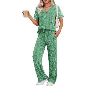 Ekouaer Pyjama Damen Herbst Schlafanzug Kurzarm Lang Hose Rippen Nachtw?sche - 1 of 4