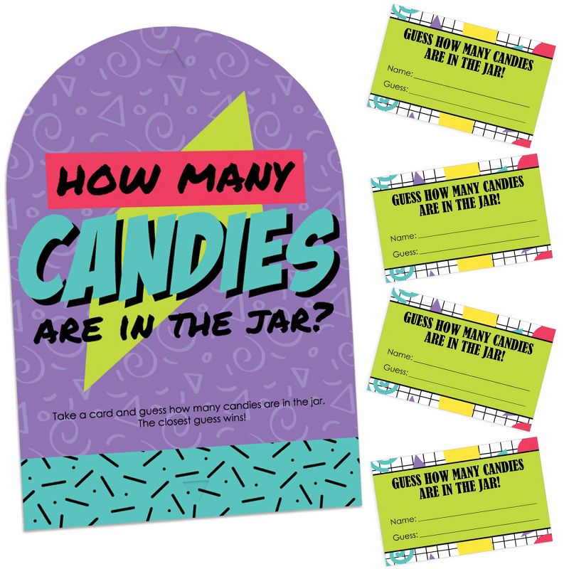 Big Dot of Happiness 90’s Throwback - How Many Candies 1990s Party Game - 1 Stand and 40 Cards - Candy Guessing Game, 1 of 9