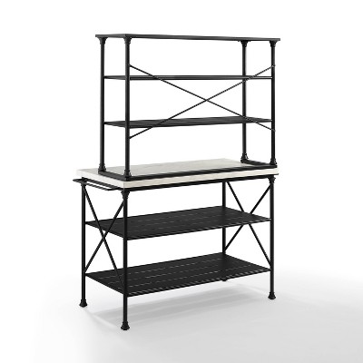 Elegant Madeleine Matte Black Kitchen Island with Faux Marble Top and Hutch