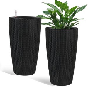 Imitation Rattan Design Planter Indoor or Outdoor Porch Patio  Made from Plastic Concrete with Drainage Holes  Modern Decor for, Flowers - 1 of 4