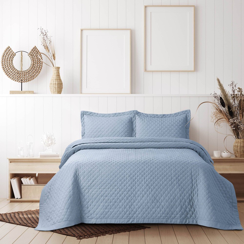 Photos - Bed Linen Queen Brisbane Oversized Diamond Quilt Set Light Blue - Tribeca Living: Microfiber, Gender Neutral, OEKO-TEX Certified