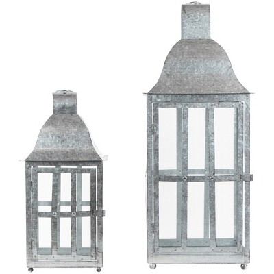Set of 2 Distressed Galvanized Metal Hanging Candle Lanterns