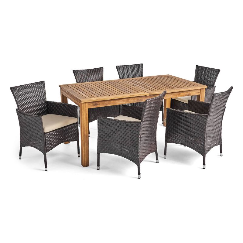 Nadia 7pc Wood &#38; Wicker Expandable Patio Dining Set - Natural/Brown/Beige - Christopher Knight Home, 3 of 10