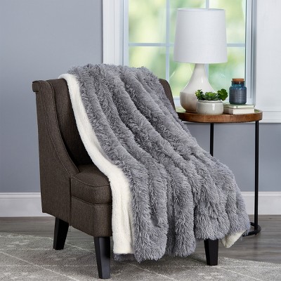 Faux Fur Throw Blanket- Luxurious, Soft, Hypoallergenic Long Pile Faux Rabbit Fur Blanket with Sherpa Back 60"x70" By Hastings Home (Pewter)