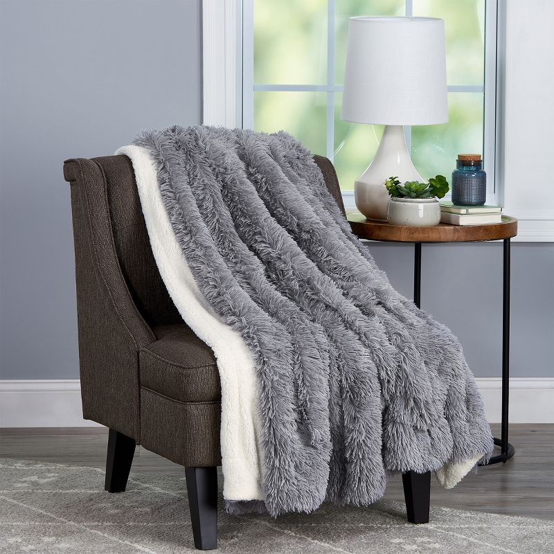 Faux Fur Throw Blanket- Luxurious, Soft, Hypoallergenic Long Pile Faux Rabbit Fur Blanket with Faux Shearling Back 60"x70" By Hastings Home (Pewter), 1 of 9