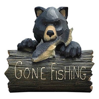 9" Polyresin Bear with Gone Fishing Sign and Fish in Mouth Outdoor Statue Black - Hi-Line Gift