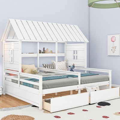 NicBex Twin Size Platform Bed Modern House-Shaped Wooden Bed Frame with 2 Drawers and 2 Beds Side by Side for Bedroom, No Box Spring Required
