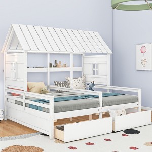 NicBex Twin Size Platform Bed Modern House-Shaped Wooden Bed Frame with 2 Drawers and 2 Beds Side by Side for Bedroom, No Box Spring Required - 1 of 4