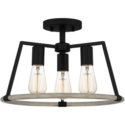 Matte Black and Wood 3-Light Semi-Flush Mount Ceiling Fixture