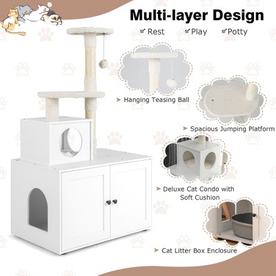 White 2-in-1 Wooden Cat Tree with Litter Box Enclosure