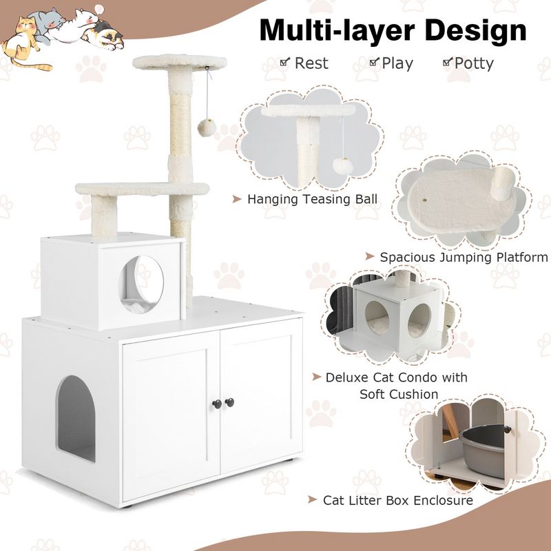 Costway 2-in-1 Wooden Litter Box Enclosure with Cat Tree Hidden Washroom Furniture White/Brown/Gray, 4 of 11