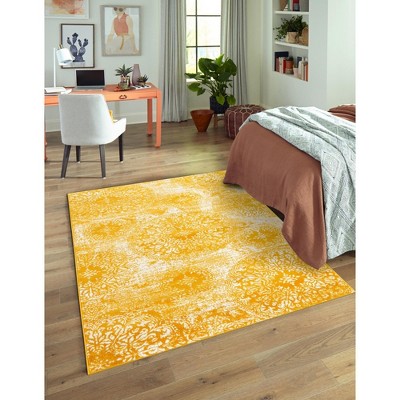 Yellow and White Low Pile Bohemian Area Rug