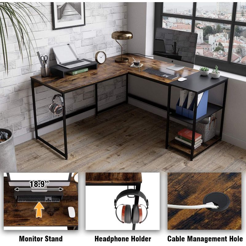 Bestier Industrial Customizable L Shaped Corner or Long Home Office Study Desk w/ Adjustable Shelf, Adaptable Design, Monitor Stand, Rustic Brown, 2 of 6