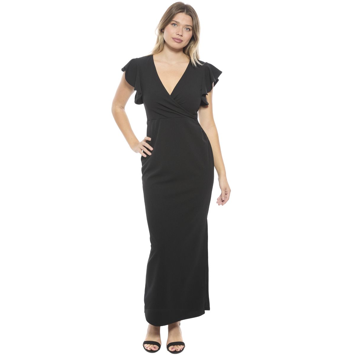 Womens Solid V-Neck Tulip Hem Ruffle Sleeve Faux Wrap Maxi Dress - 24seven Comfort Apparel™