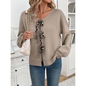 Women's Fall Long Sleeve Sweater Knit Cardigan Casual Tie Front V Neck Shirt Loose Top Solid Color Blouse - 1 of 4