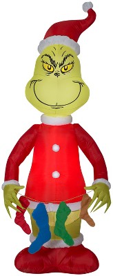 Grinch Christmas Airblown Inflatable Holding String of Stockings, 6.5 ft Tall, Red