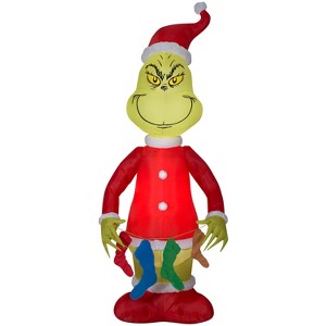 Grinch Christmas Airblown Inflatable Holding String of Stockings, 6.5 ft Tall, Red - 1 of 3