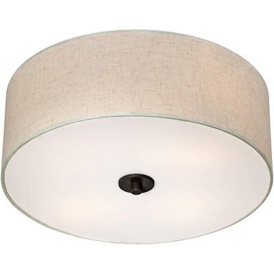 Bronze Flush Mount Ceiling Light with Oatmeal Drum Shade