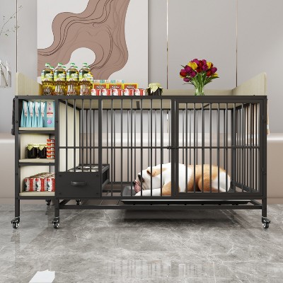 Large Pet Cage with Storage Rack & Drawers, Iron Frame Kennel with Stainless Steel Food & Water Bowls, Black + Beige - Nertpow