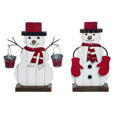 Transpac Wood 16 in. White Christmas Panel Snowman Decor Set of 2