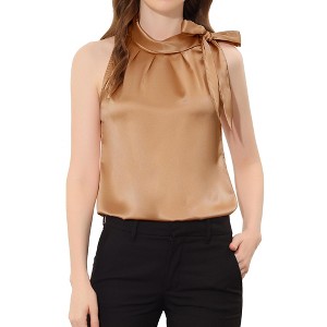 INSPIRE CHIC Women's Elegant Satin Sleeveless Bow Tie Mock Neck Solid Work Blouse - 1 of 4
