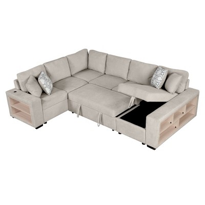 NicBex Modern 109" Pull Out Sofa Bed Chenille Convertible Sleeper Sofa with Storage Chaise and USB Ports for Living Room